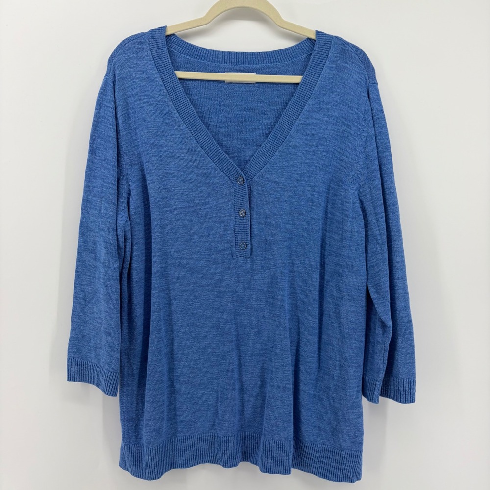 Croft & Barrow Blue V Neck Button Accent 3/4 Sleeve Sweater Plus Size 1X